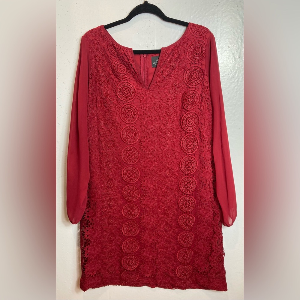 Adrianna Papell Dress Plus 16W Red Crochet Lace Midi Chiffon Slit Sleeves Lined